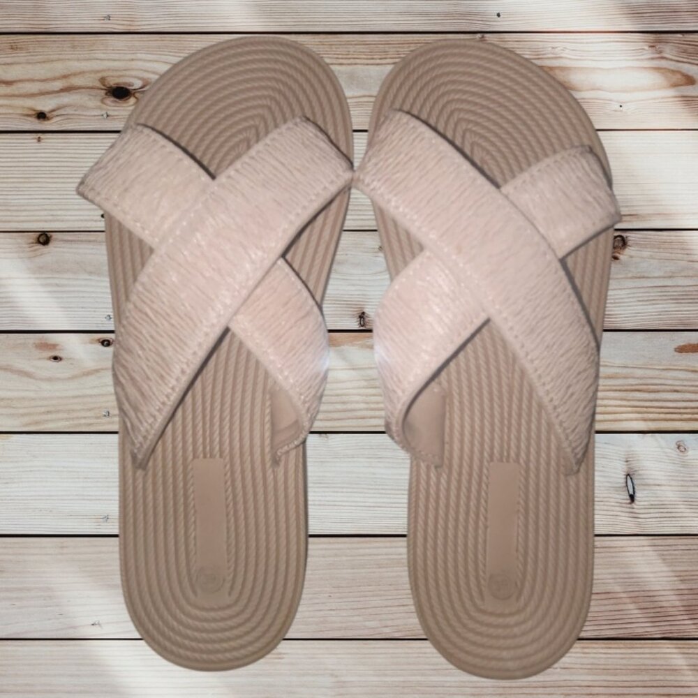 Criss-Cross Strap Slide Sandals - SIZE 8 - NUDE TAN - Lightweight - Rope-Look Fo